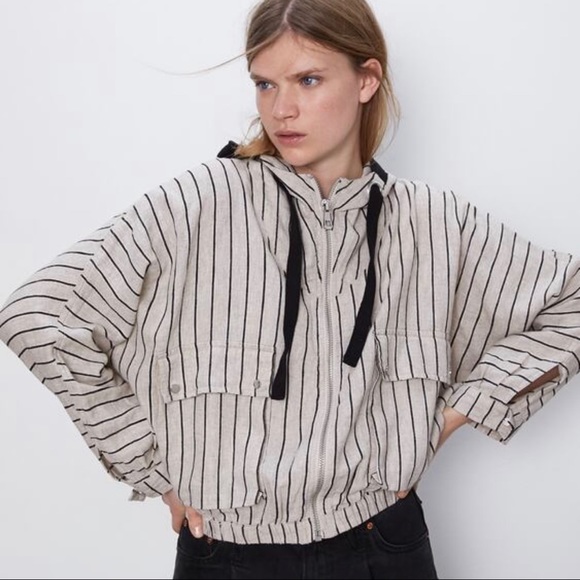 ZARA Striped Linen Bomber Jacket with Hood (lightly worn) - Picture 1 of 9